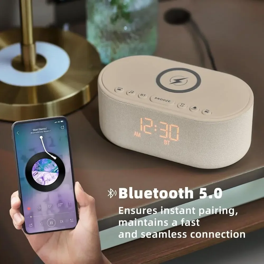 Odokee Alarm Clock with Wireless Phone Charger - All in One Bedside Speaker